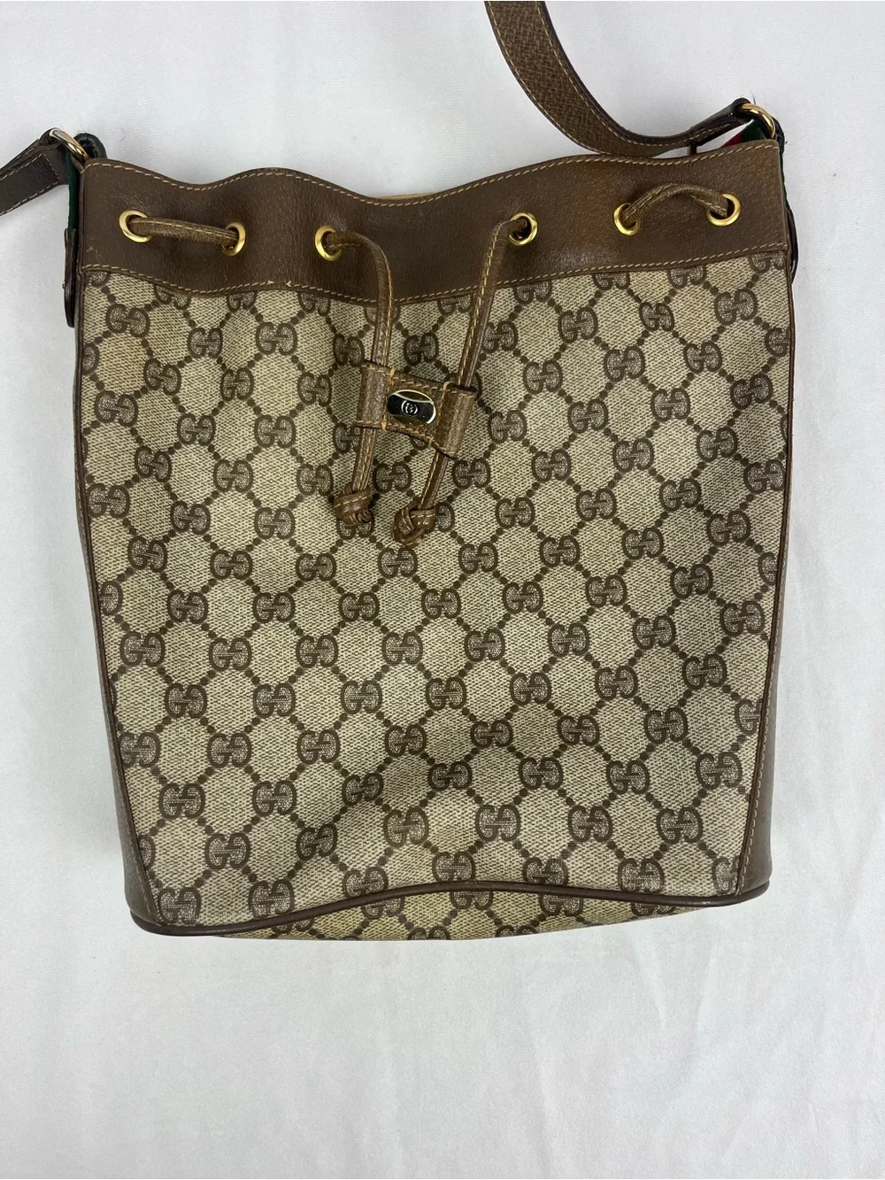 GUCCI Sherry Line Drawstring Shoulder Bag & Dustbag GG Brown Monogram VTG Italy - Picture 3 of 16